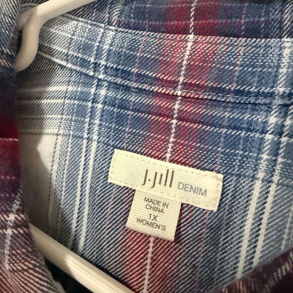 J Jill Top Women 1X Plaid Flannel Button Up Long Sleeves Plus Tunic Pockets - Picture 2 of 8